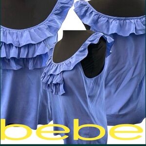 Bebe Cornflower Blue Silk Ruffle Off Shoulder Top (S)